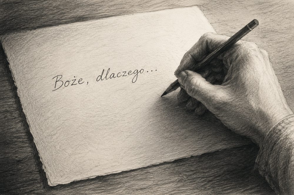 Szkic ołówkiem: dłoń pisząca na kartce papieru słowa „Boże, dlaczego...”